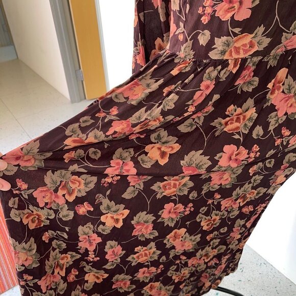 Pier 1 Passports Vintage Maxi Dress Size Medium Floral Brown Botanical Button Up - Picture 9 of 15